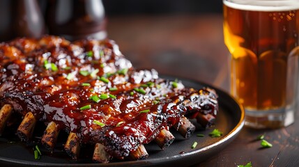 Wall Mural - A plate of delicious BBQ pork ribs with a glass of beer