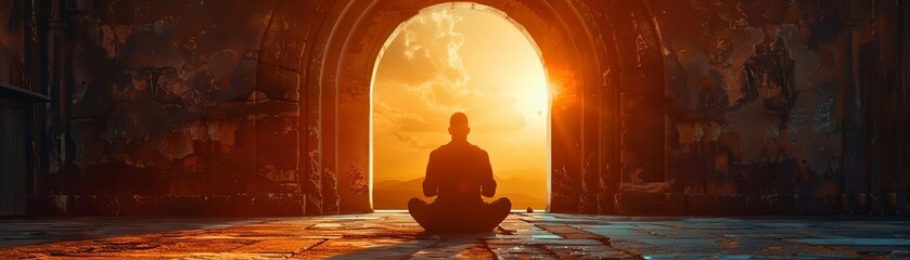 a man kneeling in prayer in an old church, the sunset