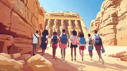 A diverse group of tourists walks towards the Abu Simbel temples in Egypt, surrounded by sandy, rocky terrain under a clear blue sky