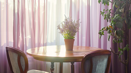 Wall Mural - Cozy room with table and chairs by the window with lilac curtains	
