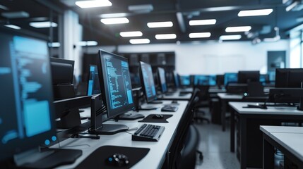 Sleek computer lab with rows of monitors and computers, close-up shot showcasing digital learning environment and modern educational setup