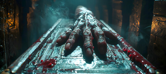 Sticker - A close-up of a vampire's hand reaching out from a coffin