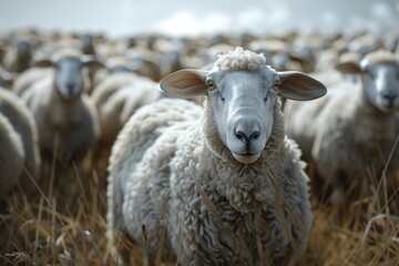 Wall Mural - Herd of sheep on a grassy field, suitable for agricultural themes