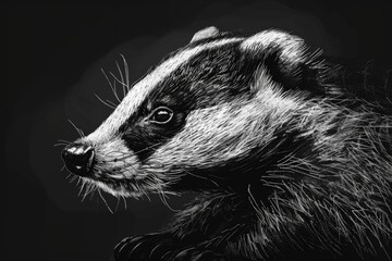 Canvas Print - Black and white photo of a badger, suitable for various projects