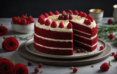 Red velvet cake topped with fresh strawberries, on a table with roses. st. valentine's celebration. classic cakes collection.