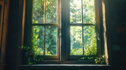 Canvas Print - A unique view of plants growing out of an open window. Perfect for illustrating nature and urban living concepts