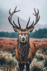 Poster - A stunning image of a deer with large horns standing in a field. Perfect for nature and wildlife themes