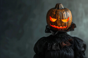 Halloween, shining Jack-o'-lantern head for Halloween in a black dress, advertising banner, holiday concept
