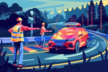 Wall Mural - woman in safety vest standing next to a red car, suitable for transportation industry promotions
