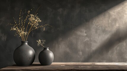 two black vases with dried flowers, illuminated by a ray of sunlight, stand on a wooden table agains