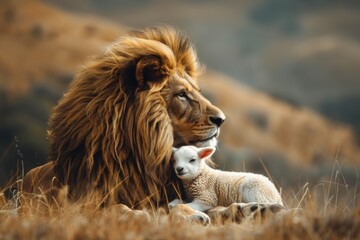 Lion and lamb peacefully coexisting in a field. Suitable for themes of harmony and unity