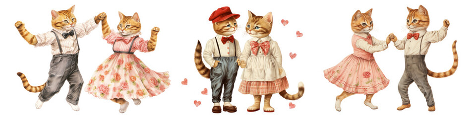 Poster - Cat couple characters dancing drawing animal mammal png on transparent background