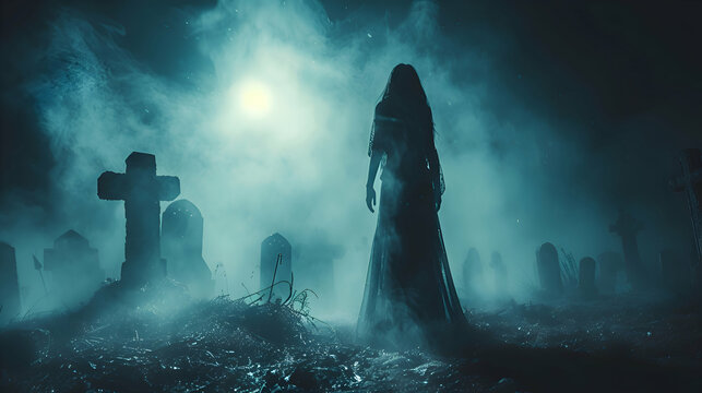 A ghostly figure emerging from a grave in a foggy Halloween graveyard