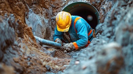 Wall Mural - A man in a hard hat working on a pipe. Suitable for construction industry projects