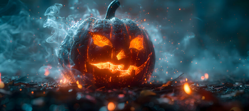 A glowing Halloween jack-o'-lantern on a misty night