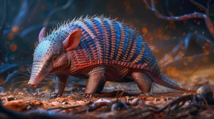 Sticker - A vibrant armadillo walking through a lush forest. Suitable for wildlife and nature themes