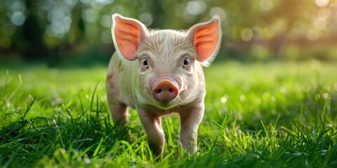 Canvas Print - A small pig standing on a lush green field. Ideal for agriculture concepts