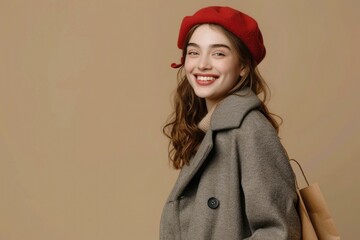 Canvas Print - A woman smiling with a red beret holding a bag. Suitable for fashion or lifestyle concepts