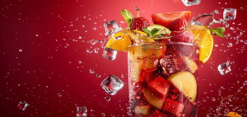 Fresh fruit and ice in a glass with a red background.