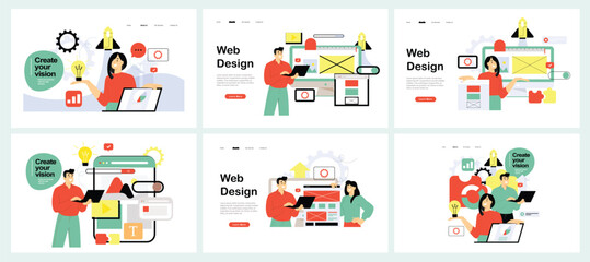 Web page design template for designing and programming vector illustration. Man working on mobile application, coding and prototyping web page. Web landing page design.