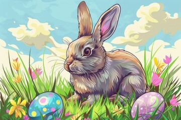 Sticker - A cute rabbit sitting in the grass surrounded by colorful Easter eggs. Perfect for Easter holiday designs