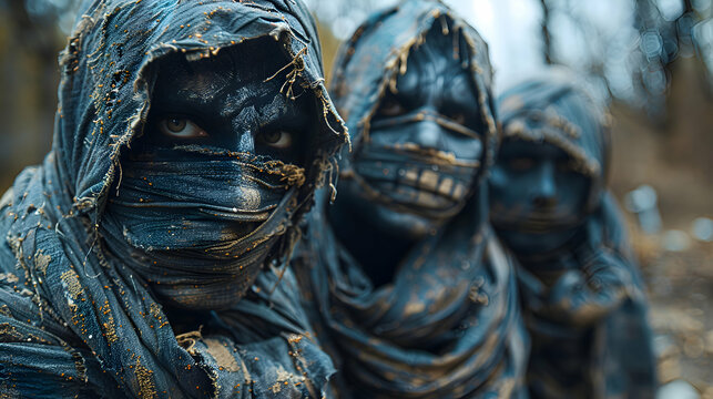 A group of friends dressed as mummies for Halloween, posing in a spooky graveyard. Focus Stacking