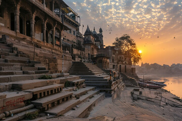 Varanasi city with ancient architecture View of the holy Manikarnika ghat at Varanasi India at sunset 