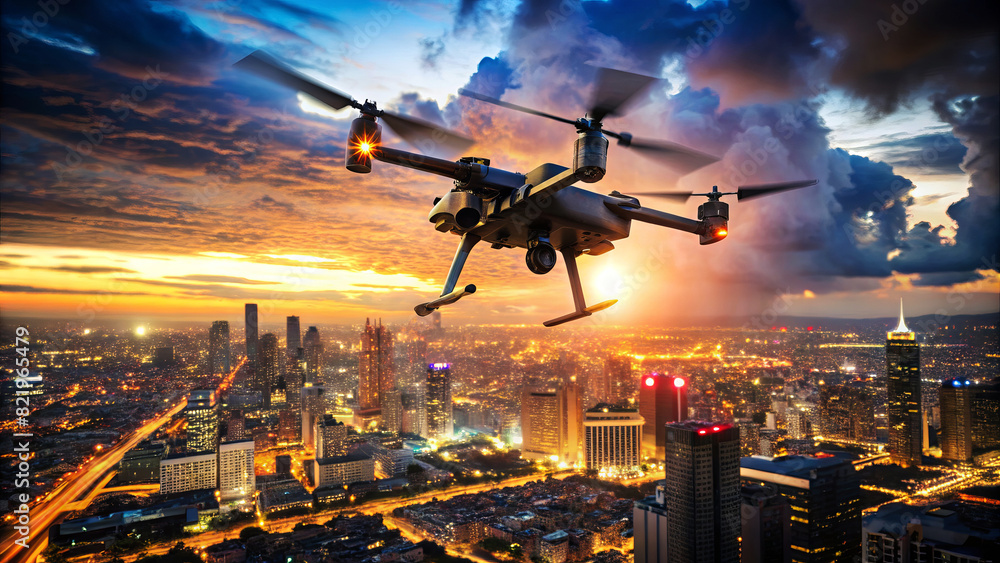 Unmanned military drone in sky above the big city close up. A drone ...