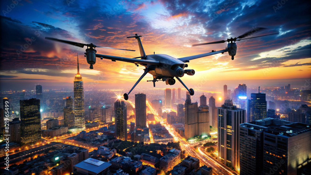 Unmanned military drone in sky above the big city close up. A drone ...
