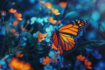 Poster - A butterfly perched on a colorful flower in a field. Perfect for nature-themed designs