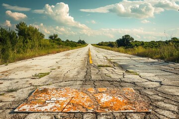 Canvas Print - A deserted road with a sign on the side, suitable for various concepts and designs