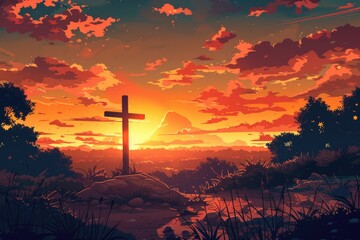 Wall Mural - A cross silhouette on a hill with a beautiful sunset background. Suitable for religious concepts or spiritual themes
