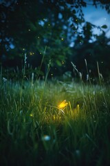 Canvas Print - A yellow firefly perched on a lush green field. Suitable for nature and wildlife themes