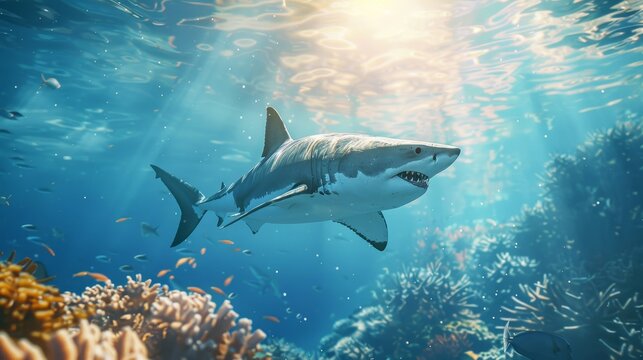 A predator great white shark swimming in the ocean coral reef shallows closing in on its victim. 3D rendering using god rays.