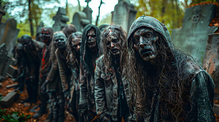 Sticker - A group of friends dressed as zombies for Halloween, posing in a spooky graveyard. Focus Stacking