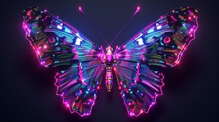 Wall Mural - Stunning 3D rendering of a glowing neon butterfly in a top view with fluorescent colors