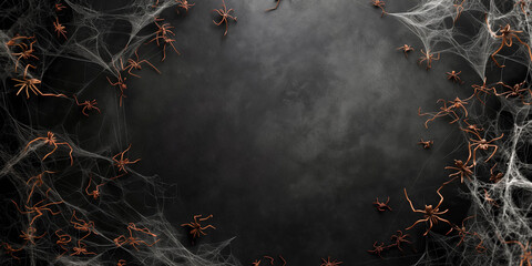 Wall Mural - Spider web on dark background with many small spiders, background photography, Halloween concept