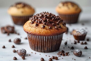 Wall Mural - A delicious cupcake with colorful sprinkle placed on a gray floor white messy icing sugar and chocolate chip isolated on blurred background of a studio.