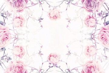  3. The image showcases a serene white background with a pastel rose pattern that spreads across the center. Each rose is rendered in soft, muted tones, and the surrounding vines form an elegant
