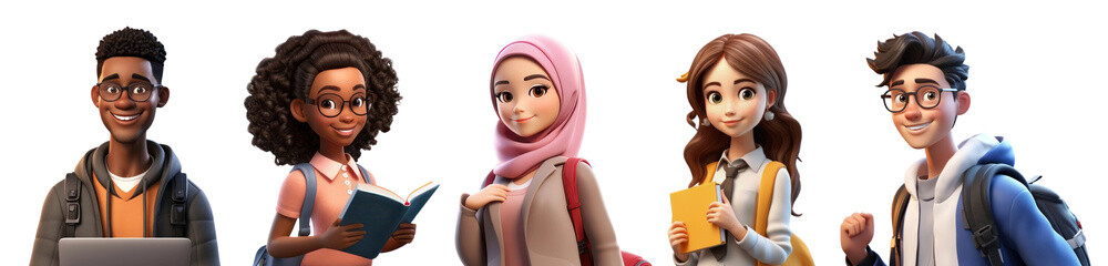3d students png element set on transparent background