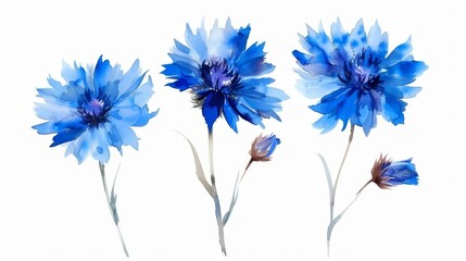 The watercolor blue floral is isolated on a white background for design and printing. Cornflower, Hand painted wildflowers, field flower isolated on white background