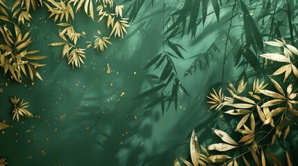 Wall Mural - Natural background, painting, modern art. Floral pattern with golden leaves, plants and bamboo. Green background.