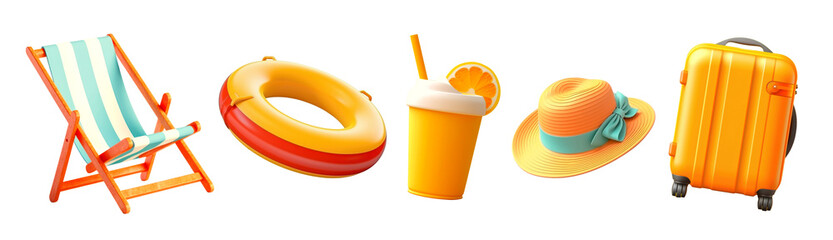3d summer objects png element set on transparent background