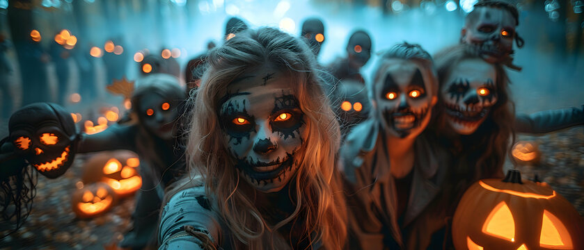 A group of friends wearing horror masks at a Halloween party, posing with spooky decorations in the background. Focus Stacking