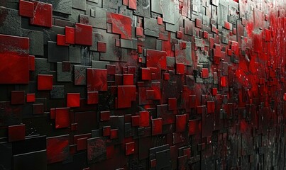 Wall Mural - abstract space with dark mosaic background with many red block shapes and cubes.