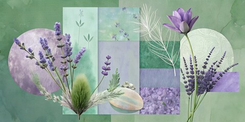 Wall Mural - bouquet of flowers collage texture photo fonts pastel tones botanical plants flower green business card, planner, diary, opening, letter red white flower purple lavanda 	