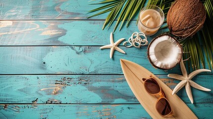 beach day essentials, sunglasses, blue sky, coconut drink,