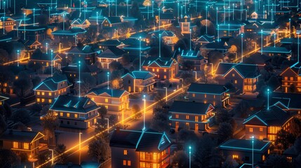 the smart home digital community neighborhood in a suburban area - night view with interconnected ho