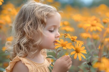 Wall Mural - little caucasian girl in dress on summer flower meadow, childhood