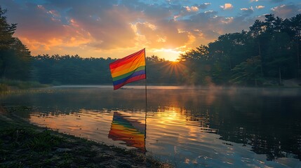 Wall Mural - LGBTQ+ flag set against a backdrop of a serene lake